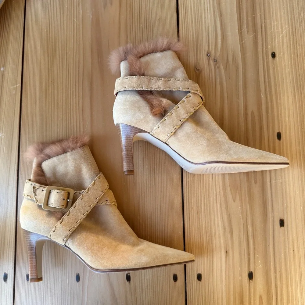 Vintage Y2K Antonio Melani Beige Suede and Fur Heeled Booties - Picture 1 of 9